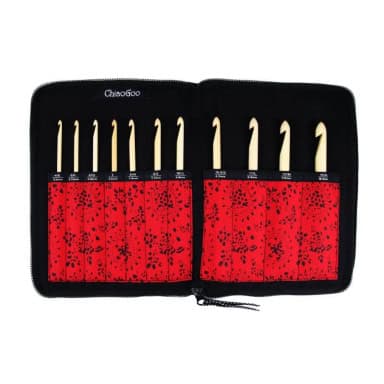 ChiaoGoo Nadelset auswechselbare Häkelnadeln SPIN Bamboo mit 3,50-10,00 mm, in schwarzer Tasche.