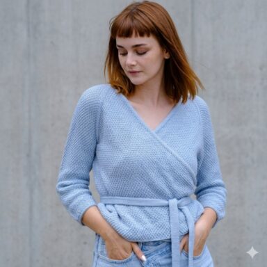Kremke Wollke Cardigan Merry AM von Kremke, in Hellblau, mit Bindegürtel, für Strick- und Häkelprojekte.