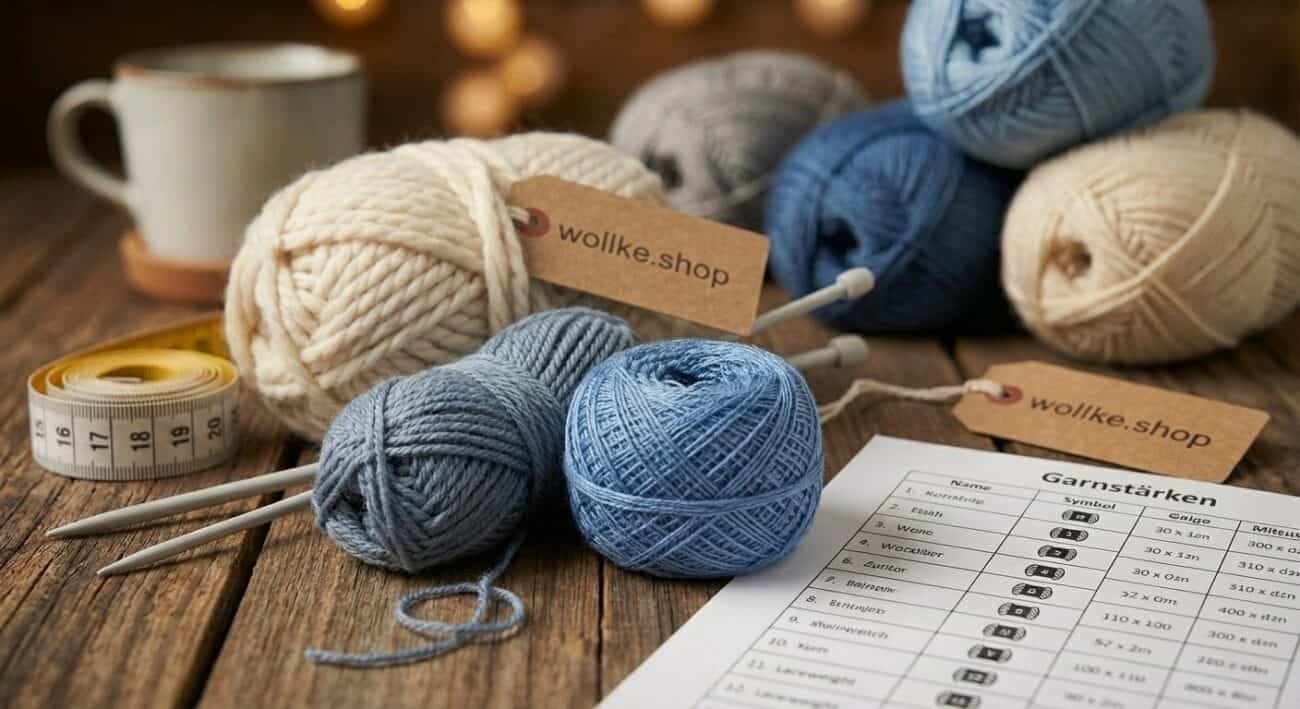 Verschiedene Wollgarne in Blau, Beige und Weiß mit Stricknadeln und Garnstärke-Info.