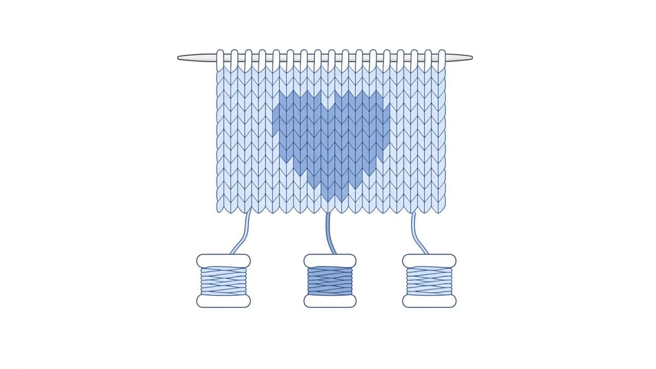 Kleine Intarsien-Maschenprobe mit blauem Herz zur Kontrolle von Kontrast, Kanten und Spannung