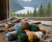 Bunte Wollknäuel zum Stricken und Häkeln mit Blick auf norwegische Fjorde im Hintergrund.